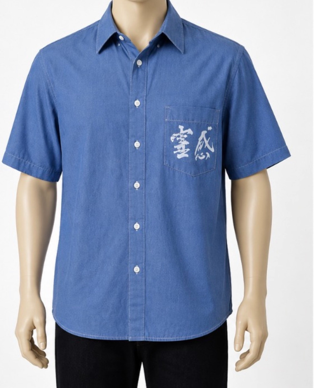 ZenMechanics Men's L Blue Short Sleeve Work Shirt Skater Asian Kanji Graphic